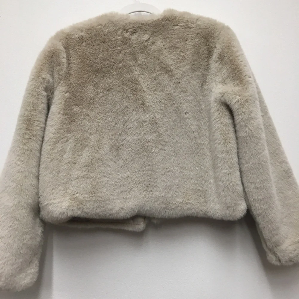 Fortunate One Crop Faux Fur Jacket Medium Tan Cream Open Front